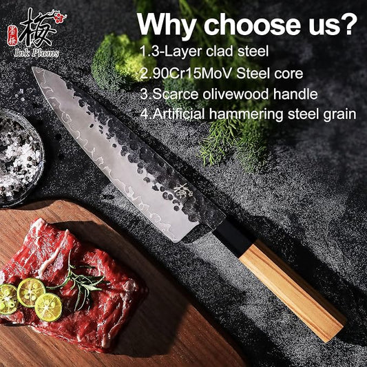 8 Inch Japanese Chef Knife, Hand Forged High Carbon Steel Gyuto Kitchen Knife for Meat Vegetables Cutting, Professional Cooking Knife with Olive Wood Octagonal Handle & Gift Box
