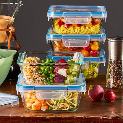 Snapware Total Solutions (10-Pack, 4 Cup) Glass Food Storage Containers Set, Airtight & Leakproof Locking BPA-Free Lids, Freezer Dishwasher Microwave Safe