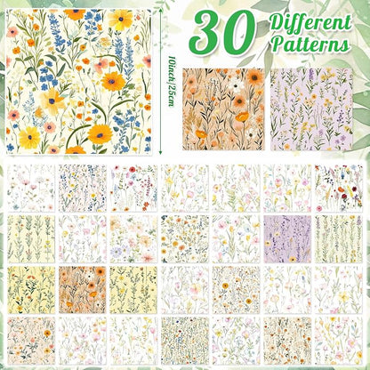 Tatuo 30 Pieces 10 x 10 Inches Summer Wildflower Cotton Fabric Bundle Squares Patchwork Floral Fabric Sewing Quilting Bundles Assorted Pattern Cloth for DIY Scrapbook Craft Making