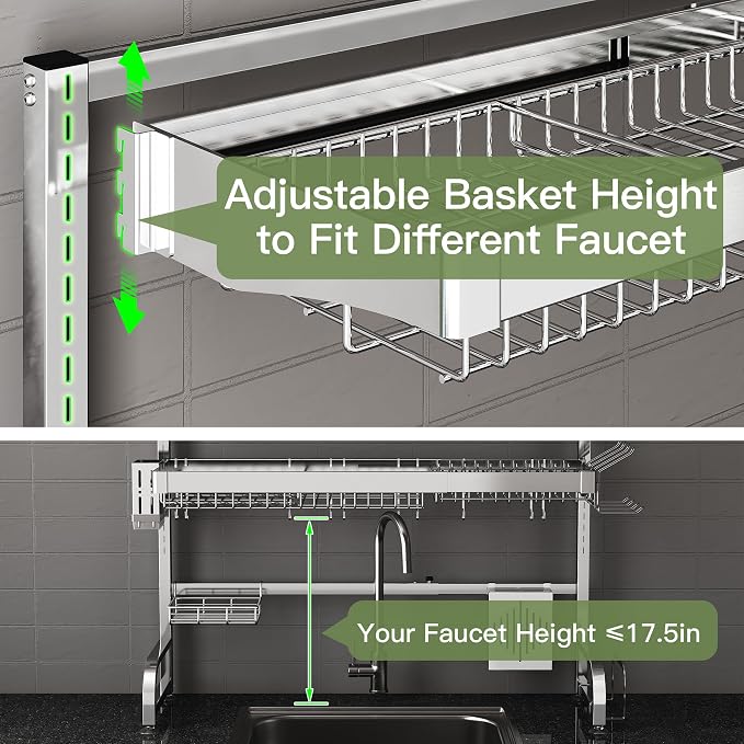 3 Tier Extra Large Stainless Steel Expandable Over The Sink Dish Drainer Drying Rack, Rust Proof Metal, Space Saving, Modern Silver Big Capacity Extendable Plate Strainers Above Kitchen Counter