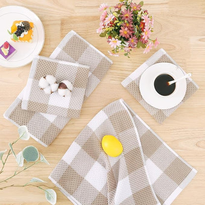 Homaxy 100% Cotton Waffle Weave Check Plaid Dish Cloths, 12 x 12 Inches, Super Soft and Absorbent Dish Towels Quick Drying Dish Rags, 6-Pack, White & Khaki