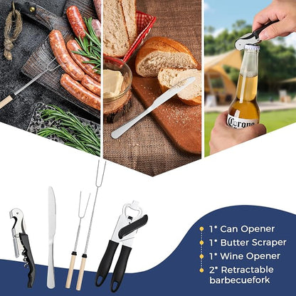 THTYBROS Portable Camping Kitchen Utensil 34 Pcs Set- Cookware Kit, Stainless Steel Outdoor Cooking and Grilling Utensil Organizer Travel Set Perfect for Travel, Picnics, RVs, Camping, BBQs, Parties