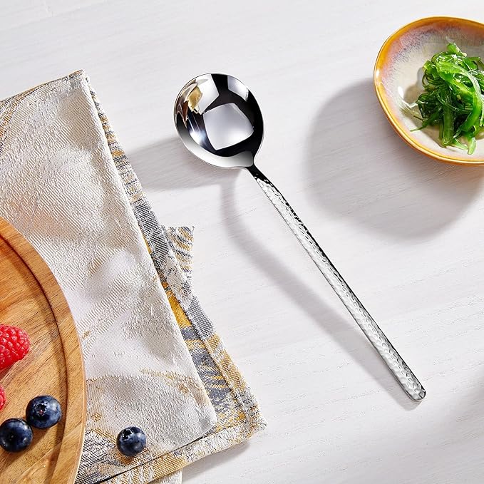 KEAWELL Premium Korean Soup Spoons with Long Handles, Set of 4, 18/10 Stainless Steel, Dishwasher Safe (Hammered)