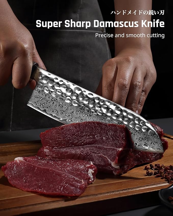 YOTSUBA 7" Damascus Japanese Santoku Chef Knife – Forged High Carbon Stainless Steel (60±2 HRC) – Ultra Sharp & Long-Lasting – Pro Chef Knife with Ergonomic Natural Hardwood Handle – Gift for Kitchen