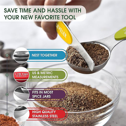 Spring Chef Stainless Steel Magnetic Measuring Spoons Set with Strong Magnets, Heavy Duty Metal Kitchen Essentials - Fits in Most Kitchen Spice Jars, Multicolor, Set of 8 with Leveler