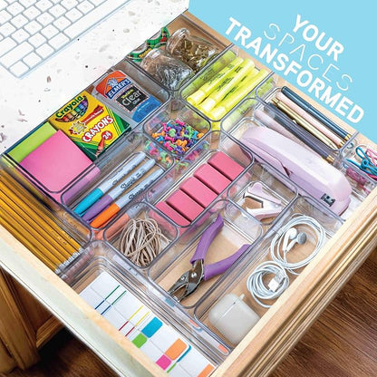 primebox Plastic Clear Acrylic Drawer Organizers. Bathroom, Kitchen, Bedroom, Utensils, Office Organizer Bins, Storage Trays. Heavy Duty, Stackable. 15" x 6" x 2" Set of 6