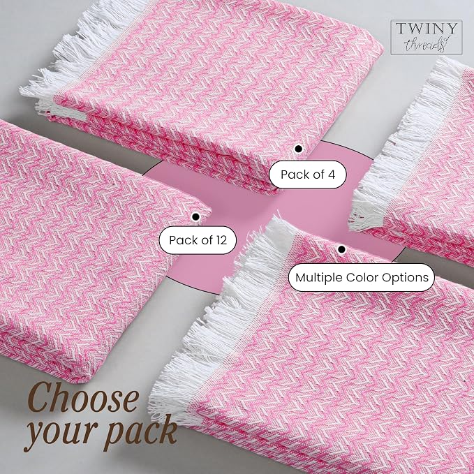TWINY threads Dish Towel Chevron Weave, Premium 100% Cotton Kitchen Linen Set, Large Dish Rags and Wash Rags, Absorbent Quick Drying, Washable Reusable Dishcloth Set, 12 Pack, 16"x26", Rose Pink