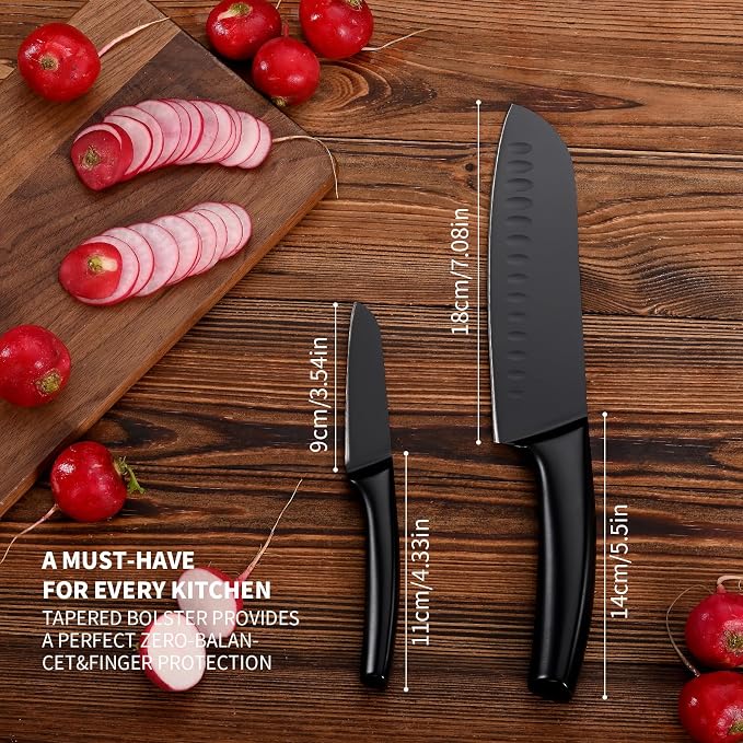 SHI BA ZI ZUO 2 Pieces Kitchen Knife Set,Santoku Knife and Paring Knife,Black Ti Coating Japanese Chef Knife Fruit knives with Hollow Handle