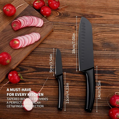 SHI BA ZI ZUO 2 Pieces Kitchen Knife Set,Santoku Knife and Paring Knife,Black Ti Coating Japanese Chef Knife Fruit knives with Hollow Handle