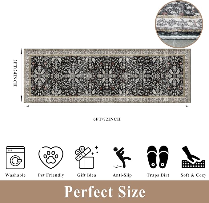2x6 Washable Kitchen Runner Rug – Non-Slip Boho Vintage Carpet Runner for Hallway, Entryway, Bedroom & Bathroom – Soft Low-Pile Thin Area Rug with Rubber Backing (Black,2x6)