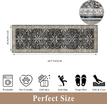 2x6 Washable Kitchen Runner Rug – Non-Slip Boho Vintage Carpet Runner for Hallway, Entryway, Bedroom & Bathroom – Soft Low-Pile Thin Area Rug with Rubber Backing (Black,2x6)