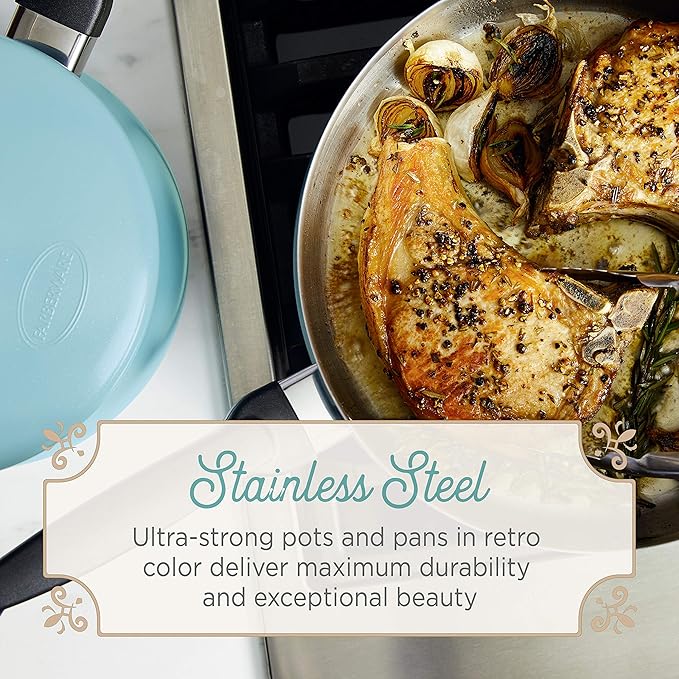 Farberware 120 Limited Edition Stainless Steel Cookware Pots and Pans Set with Prestige Kitchen Tools, 10 Piece, Aqua Blue