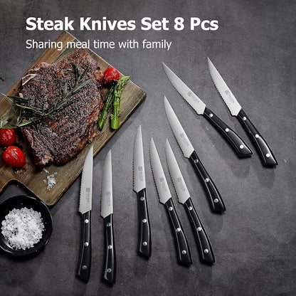 PAUDIN Steak Knives, Steak Knife Set of 8, Razor-Sharp Kitchen Knife Set 4.5 inch, High Carbon Stainless Steel Serrated Steak Set for Kitchen,Black Steak Knives