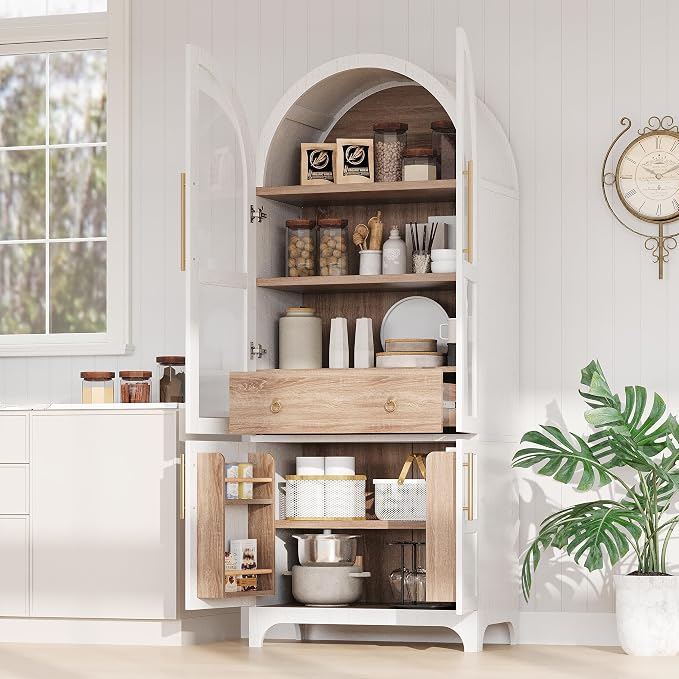 VilroCaz 71" Tall Arched Kitchen Pantry with Glass Doors and a Large Drawer, Farmhouse Kitchen Storage Cabinet with Open & Adjustable Shelves, Cupboard for Dining Room (White-6.4)