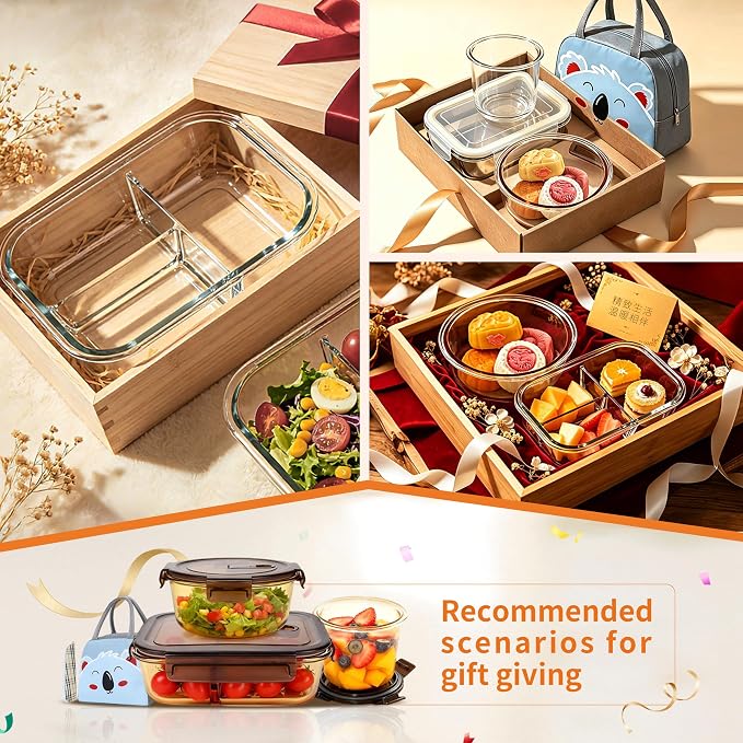3-Piece Glass Food Storage Container Set, Microwave & Freezer Safe Lunch Containers for Kitchen Organization