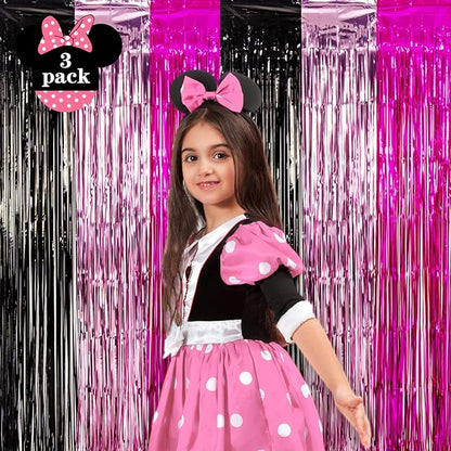 LOLStar 3 Pack Cartoon Mouse Birthday Party Supplies,3.3x6.6 ft Black Pink Fuchsia Tinsel Foil Fringe Curtains,Cartoon Mouse Photo Booth Prop Streamer Backdrop, Kawaii Party Decoration for Girls Baby