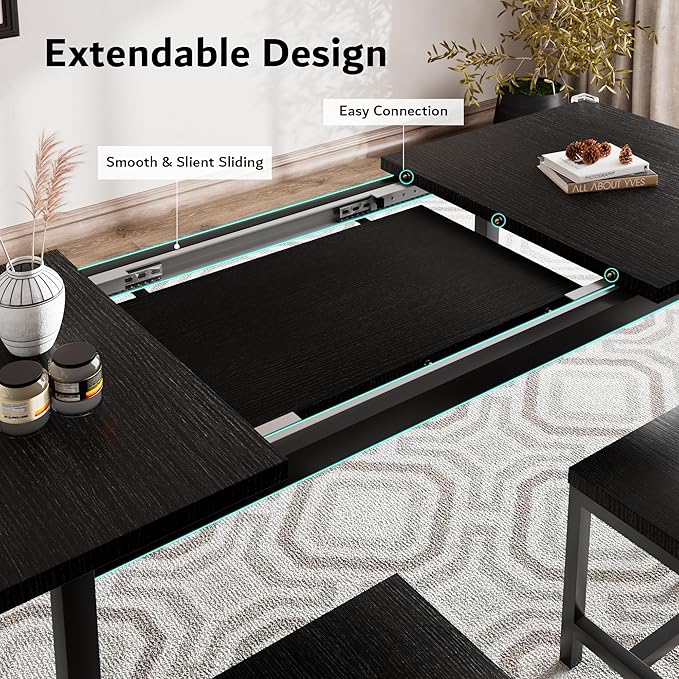 iPormis 7-Piece Extendable Dining Table Set with 6 Stools, 63" Kitchen Table Set for 4-8, Modern Dining Room Table with Sturdy Metal Frame, Space-Saving Dinette, Black