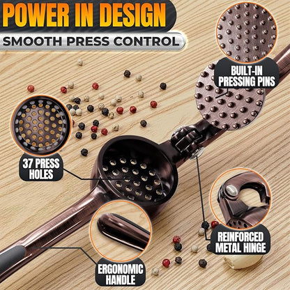 Stainless Steel Garlic Press Set with Silicone Garlic Peeler and Cleaning Brush - Ginger Mincer with 37 Built-In Studs, Rust-Resistant, Ergonomic Handle, No Peel Needed, Dishwasher Safe, Copper Color