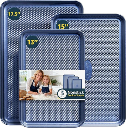 3Pcs Nonstick Baking Sheet, Baking Sheet Pan Set, Jelly Roll Pans, Cookies Sheet for Baking, Cookie Sheet Pan with Diamond Texture, Blue