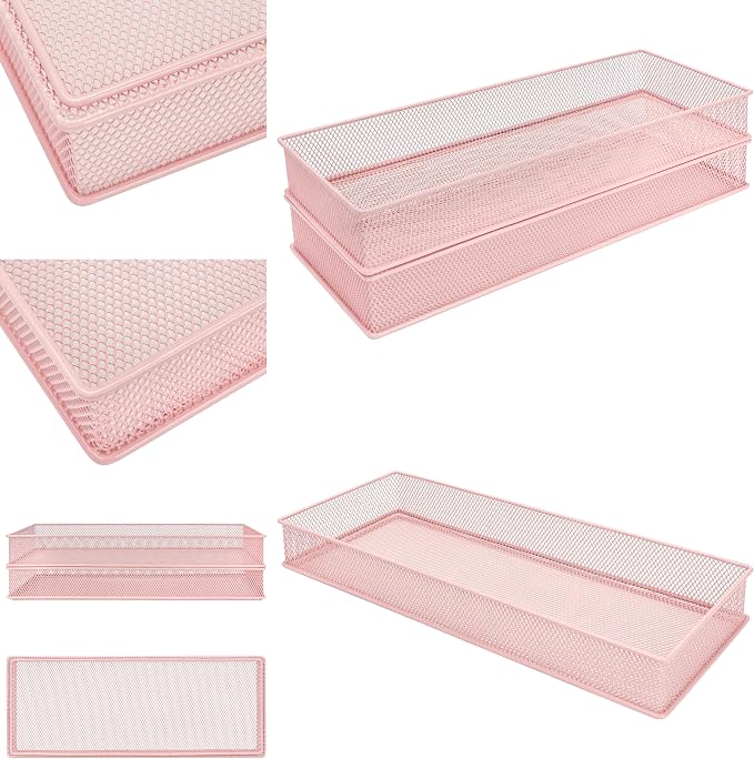 Annova Mesh Stackable Drawer Cabinet and Shelf Organizer Bins Storage Basket School Office Supply Holder Tray- Set of 2 (Light Pink, 6x15x2 Inch)