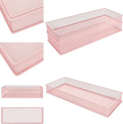 Annova Mesh Stackable Drawer Cabinet and Shelf Organizer Bins Storage Basket School Office Supply Holder Tray- Set of 2 (Light Pink, 6x15x2 Inch)