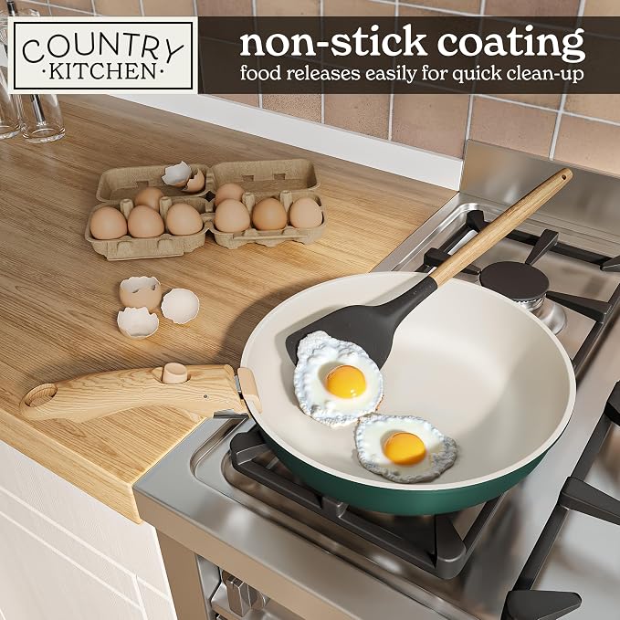 Country Kitchen Cookware Set with Removable Handle, Oven & RV Safe Pots and Pans Set, Sage Wood Handle, Original