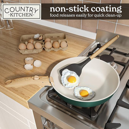 Country Kitchen Cookware Set with Removable Handle, Oven & RV Safe Pots and Pans Set, Sage Wood Handle, Original