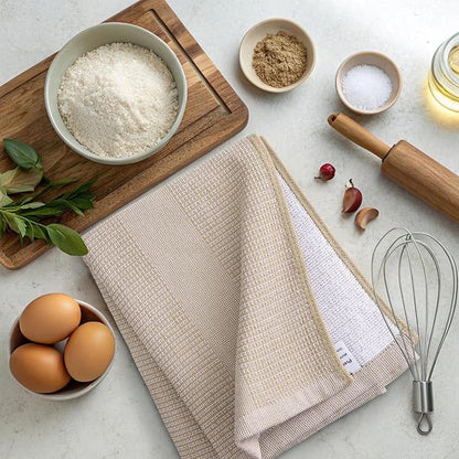 Mordimy Premium Kitchen Towels 12 Pack (18 x 28 Inches, Khaki), Large Cotton Kitchen Hand Towel, Flat & Terry Dish Towels for Drying Dishes, Super Absorbent Tea Dishtowels Set with Hanging Loop
