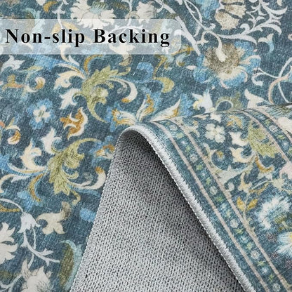 3x6 Washable Entryway Area Rugs: Vintage Easy to Clean Kitchen Rug Runner Soft Non Slip Floor Mat Indoor Farmhouse Carpet for Bathroom Living Room Bedroom Printed Hallway Runners(3x6 Floral/Blue)