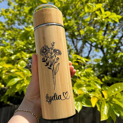 Bamboo Tumbler Customized Name Birth Month Flower Tea Infuser Bottle for Loose Tea Leaves Gift for Mom Personalized (Style D)