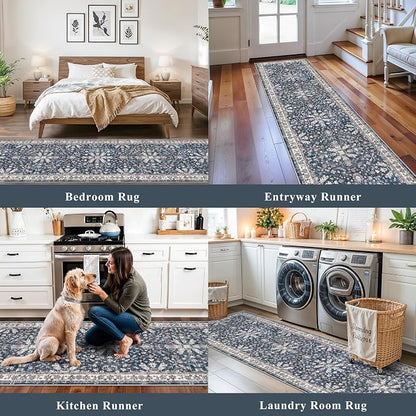Washable Hallway Runner Rug 2x10: Non Slip Vintage Boho Carpet with Rubber Backing for Kitchen Entryway Hall Holiday Farmhouse Neutral Cream Long Runners (Blue,2'x10')