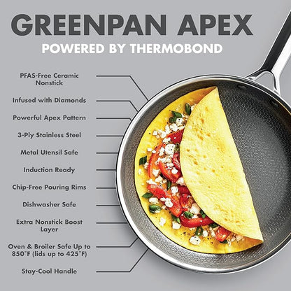 GreenPan Hybrid 6-Piece Frying Pan Set (8, 10, 12-inch Skillets with Glass Lids), Ceramic Nonstick with Tri-Ply Stainless Steel, Induction & All Cooktop Compatible, Dishwasher & Oven Safe, Silver