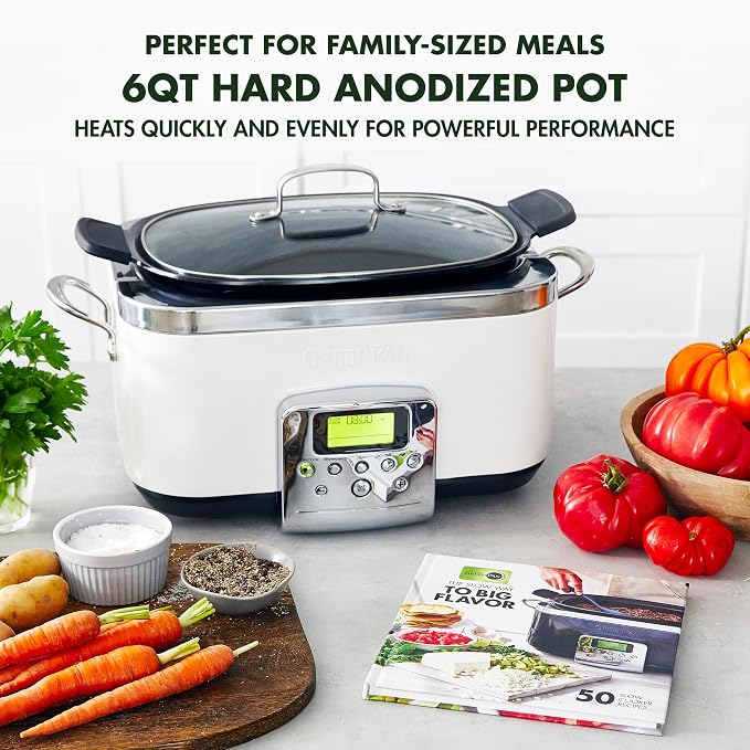 GreenPan Elite 8-in-1 Programmable 6QT Electric Slow Cooker, Dishwasher Safe Lid & Removable Crock, PFAS-Free Healthy Ceramic Nonstick Multi-Cooker, Sear, Sauté, Brown, Steam Basket, Roast, White