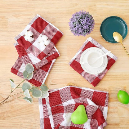 Homaxy 100% Cotton Waffle Weave Check Plaid Dish Cloths, 12 x 12 Inches, Super Soft and Absorbent Dish Towels Quick Drying Dish Rags, 6-Pack, White & Red