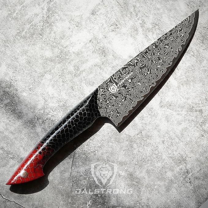 Dalstrong Chef Knife - 8 inch Blade - AUS-12V Exclusive Japanese Steel - Black Damascus Full Tang - Honeycomb Handle - Chef's Knife - Scorpion Series - Razor Sharp Kitchen - Leather Sheath