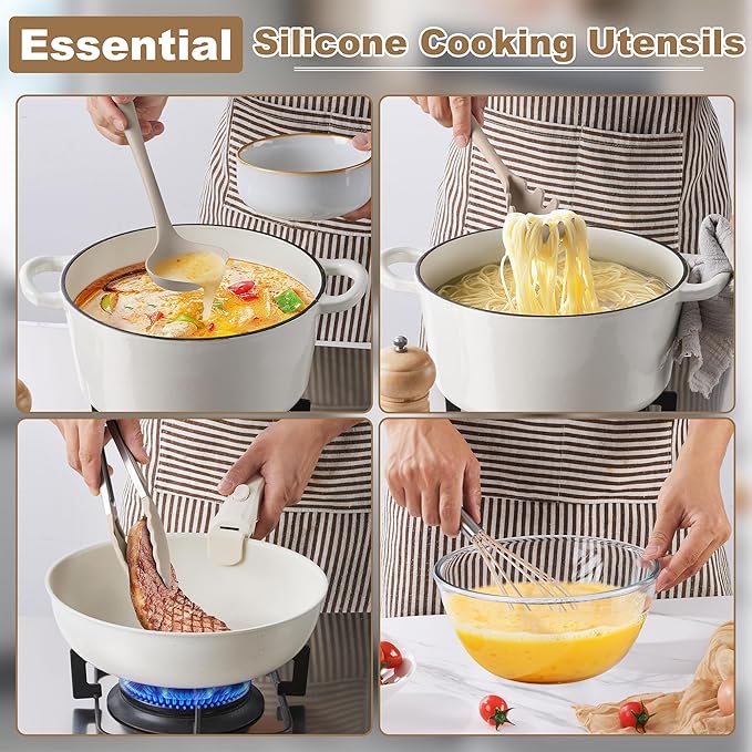 LIANYU 14 Pcs Kitchen Utensils Set with Holder, Silicone Cooking Utensils Spatula Set, Heat Resistant Cookware Tools Includes Spoon Turner Whisk Tong, Dishwasher Safe, Khaki
