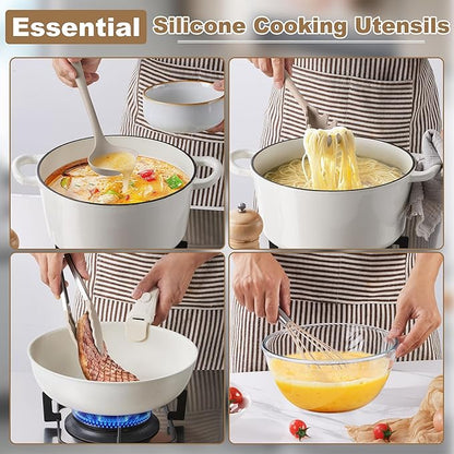 LIANYU 14 Pcs Kitchen Utensils Set with Holder, Silicone Cooking Utensils Spatula Set, Heat Resistant Cookware Tools Includes Spoon Turner Whisk Tong, Dishwasher Safe, Khaki