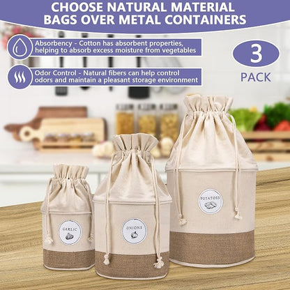 Meraki Home Potato Onion Garlic Storage Containers - Farmhouse Kitchen Storage Organization Pots - Sustainable Jute Cotton Vegetable Baskets Bins - Drawstring Holder