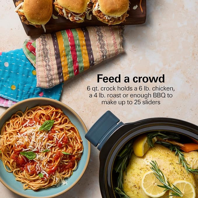 Hamilton Beach 6 Quart Slow Cooker with Space-Saving Folding Handles, 3 Heat Settings, Dishwasher Safe Stoneware Crock and Glass Lid, Kitchen Makeover Blue (33608)