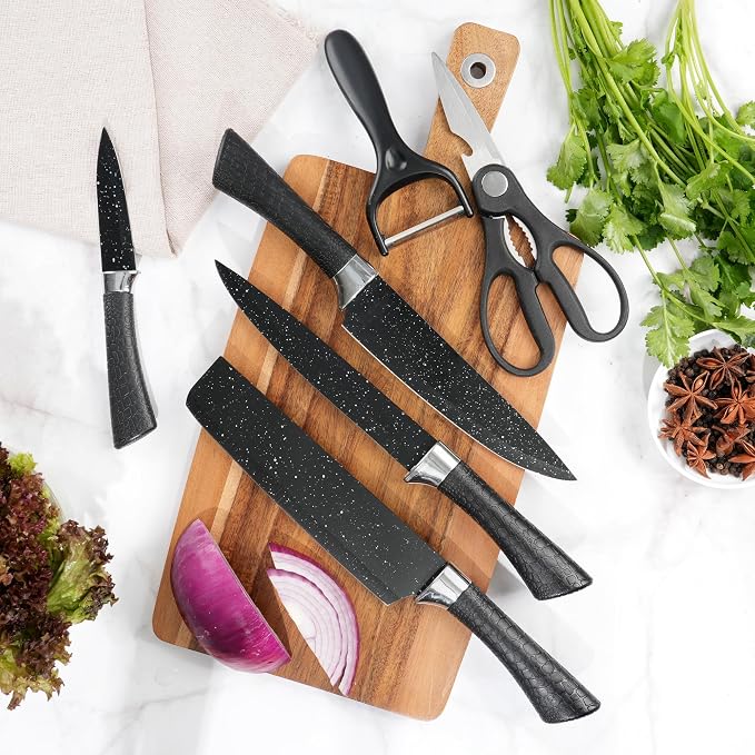 TJ POP Kitchen Knife Set 6-Piece, Rustproof Sharp Stainless Steel Chef's Knife Set, Non-Stick Coated Black Starry Night Pattern Blades and Ergonomic Handle, Cooking Knives for Home Restaurant Camping