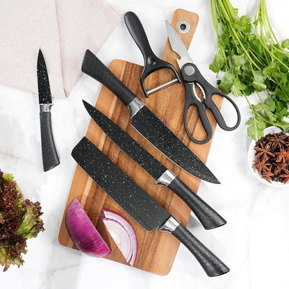 TJ POP Kitchen Knife Set 6-Piece, Rustproof Sharp Stainless Steel Chef's Knife Set, Non-Stick Coated Black Starry Night Pattern Blades and Ergonomic Handle, Cooking Knives for Home Restaurant Camping