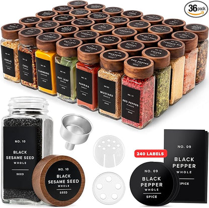EDELHAUS Square Spice Jars with Acacia Wooden Lid (Pack of 36) Spice Jars with Shaker Insert and 240 White Labels - Acacia Lid Glass Container for Spice Organisation [4.3 in × 1.8 in]