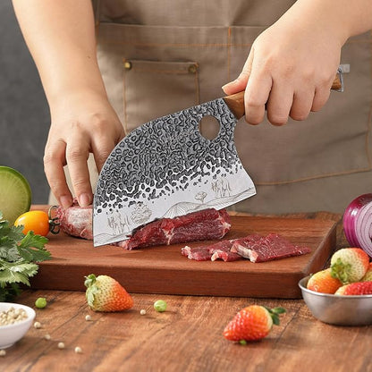 3PCS Butcher Knife, 7" Meat Cleaver, 7" Serbian Chef and 6.5" Viking, Hand Forged Butcher Knife Set with Wooden Handle, Geat for Home, Camping, BBQ (Unique Pattern)
