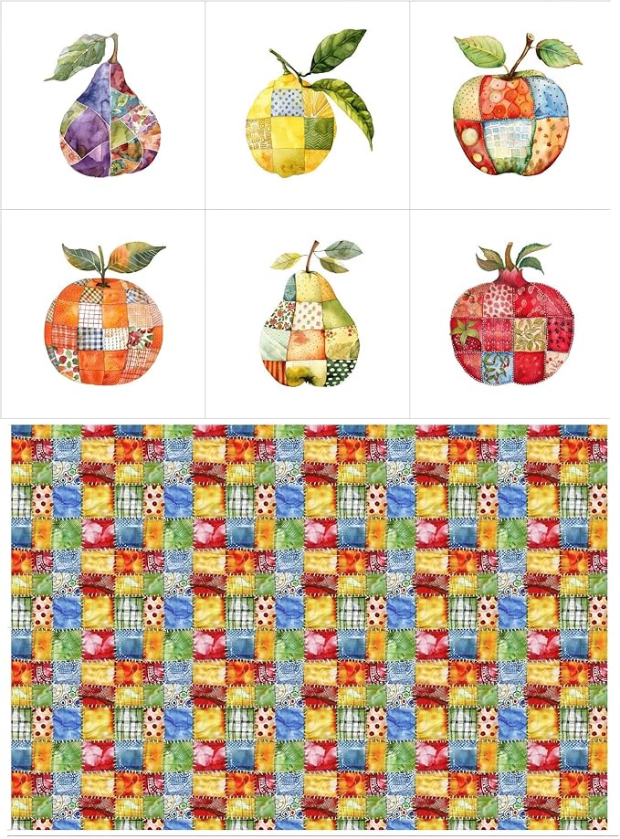 Fruit Patchwork Cotton Fabric Panel – 6 Fruit Designs (10×10 inch Each) + Bonus Patchwork Sheet 29.5×19.6 inch, 100% Cotton 140 GSM