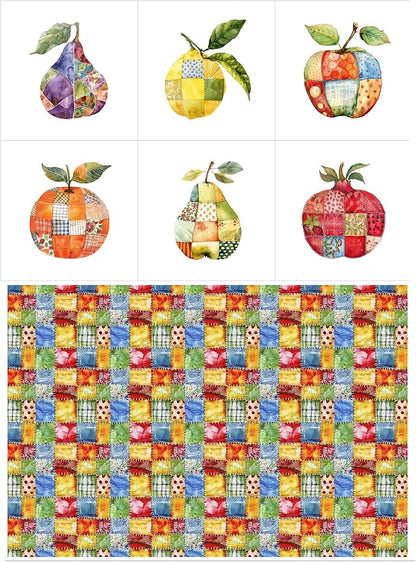 Fruit Patchwork Cotton Fabric Panel – 6 Fruit Designs (10×10 inch Each) + Bonus Patchwork Sheet 29.5×19.6 inch, 100% Cotton 140 GSM