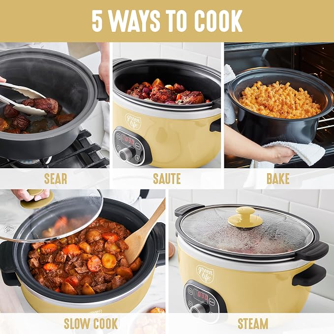 GreenLife 6QT Slow Cooker, Non-Toxic PFAS-Free Ceramic Nonstick Removable Interior Bowl, Programmable, Family Friendly, Keep Warm, Stovetop & Oven Safe, Dishwasher Safe Crock, Timer, Glass Lid, Yellow