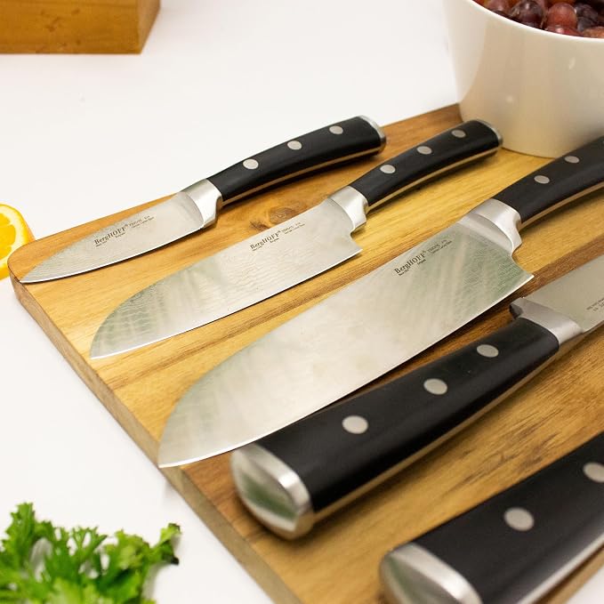 Berghoff Antigua 5Pc Knives With Case German Steel Etched Blade Ergonomically Designed Triple-riveted Handle Sharp & Well Balanced Satin Finish