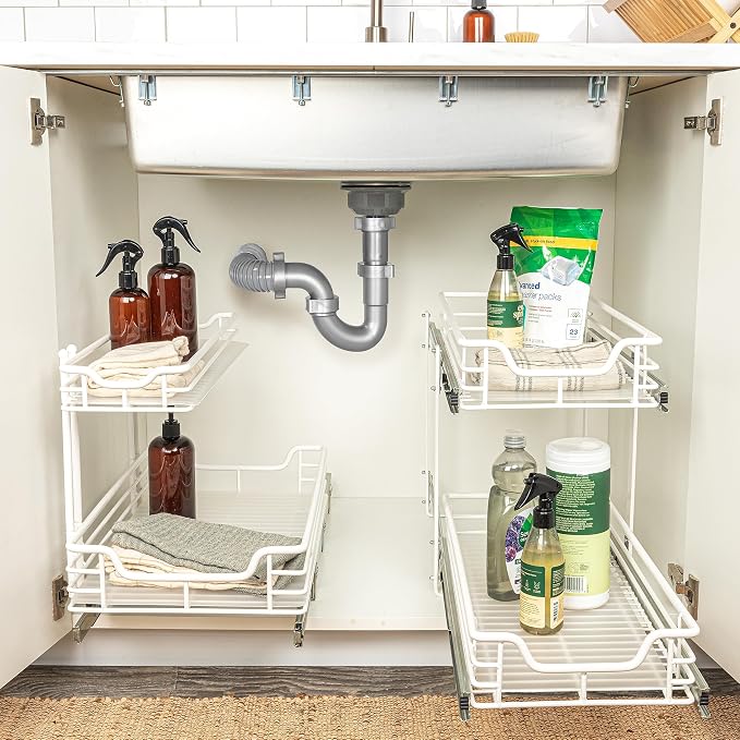 Household Essentials White Powder-Coated Steel Dual-Tier Slide Organizer with Plastic Accents