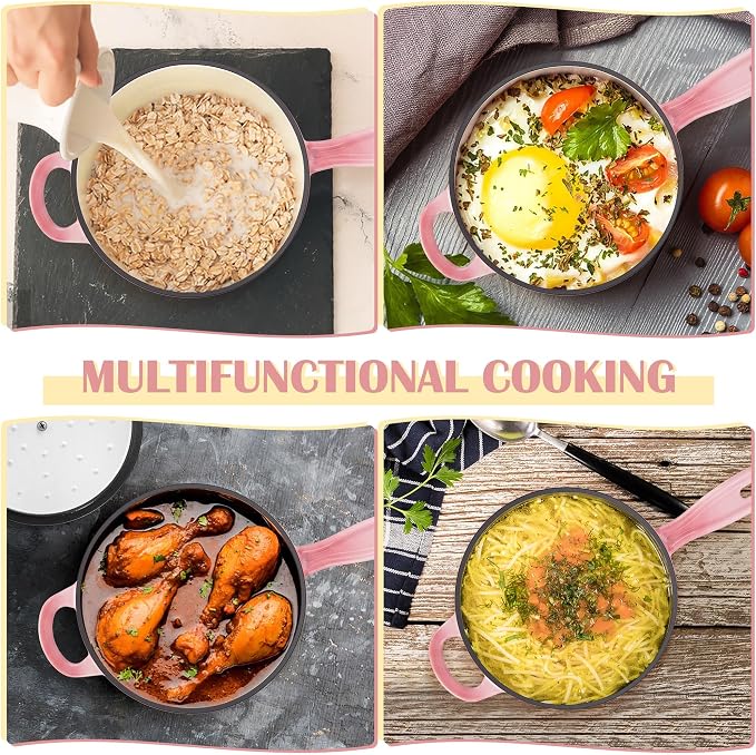 E-far Enameled Cast Iron Sauce Pan, 2 Quart Dutch Oven Saucepan with Lid, Small Sauce Pot for Cooking, Boiling, Healthy & Non Toxic, Induction & Oven Safe, Pink