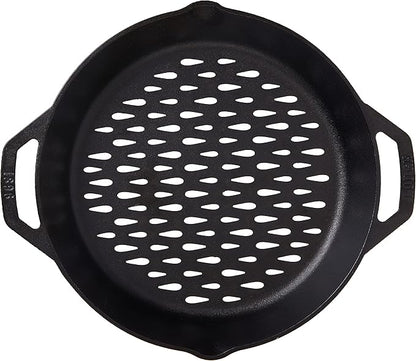 Lodge Pre-Seasoned Cast Iron Round Grilling Pan - Use on the Grill - Grilling Pan Designed to Protect Food from Falling Through the Grate - Cast Iron 12 Inch